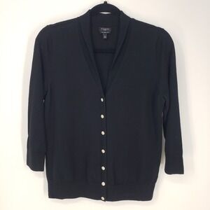 Talbots Merino Wool Cardigan Sweater Women LP Black Crystal Button Shawl Collar